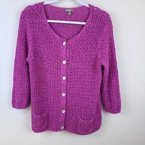 J. JILL Rose Pink Linen-Blend Open Weave Full Button V Neck Cardigan / Large